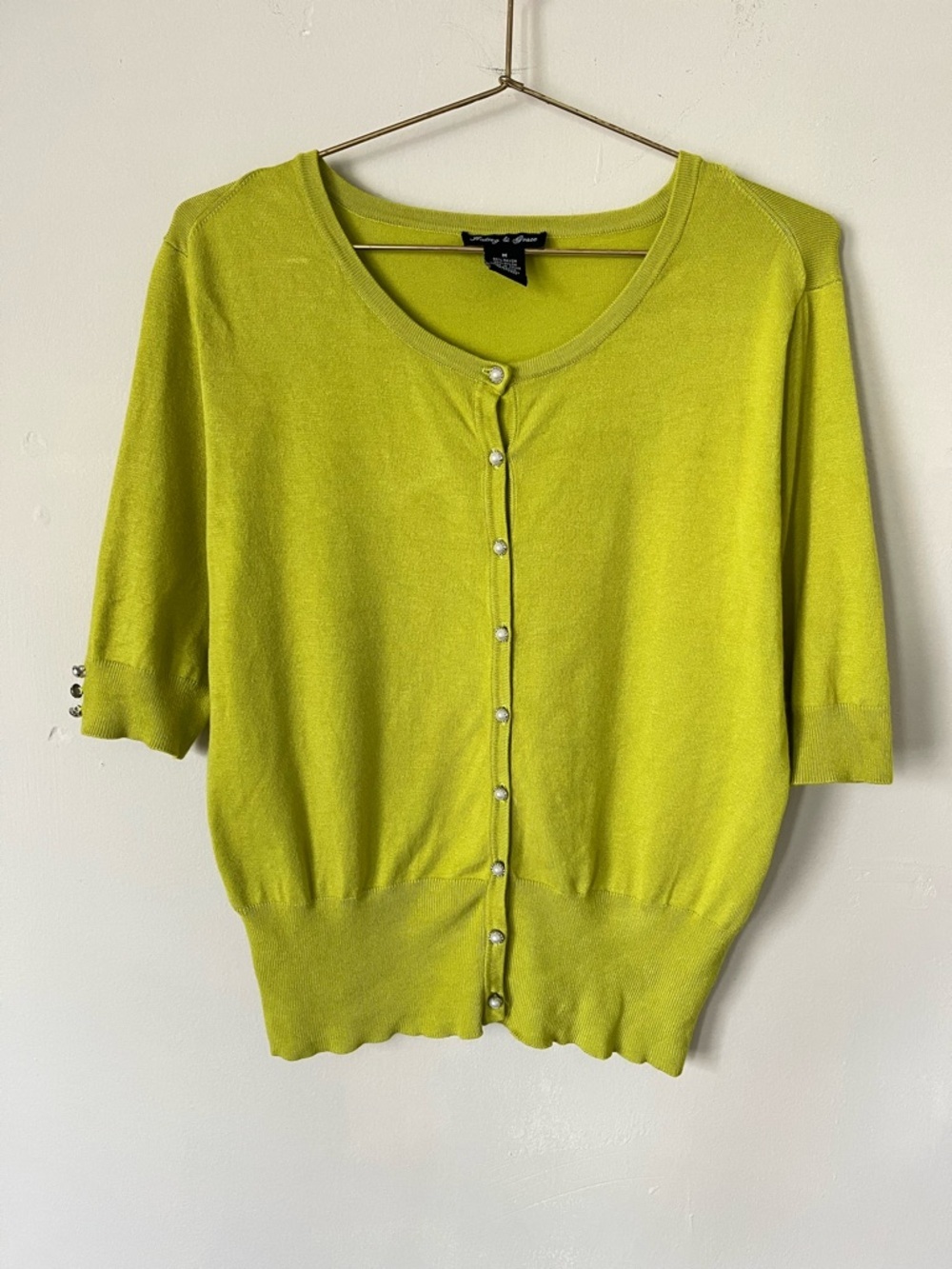 Audrey & Grace Lime Green spring Cottagecore Button-Front Short Sleeve Cardigan